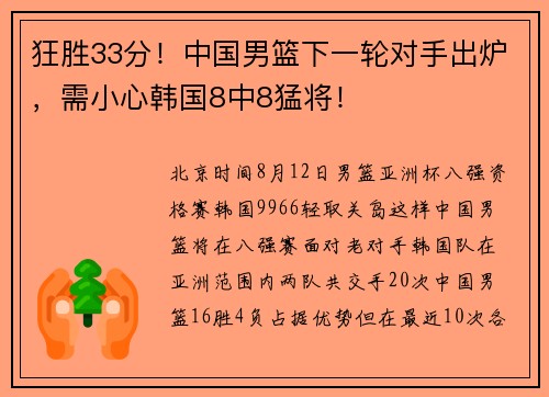 狂胜33分!中国男篮下一轮对手出炉,需小心韩国8中8猛将! 狂胜33分!中国男篮下一轮对手出炉,需小心韩国8中8猛将!